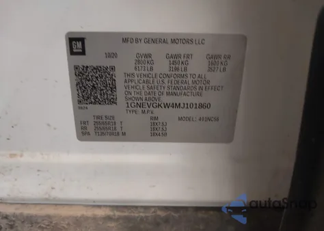 2021 Chevrolet Traverse Awd Lt Cloth из США, поврежденный, VIN 1GNEVGKW4MJ101860